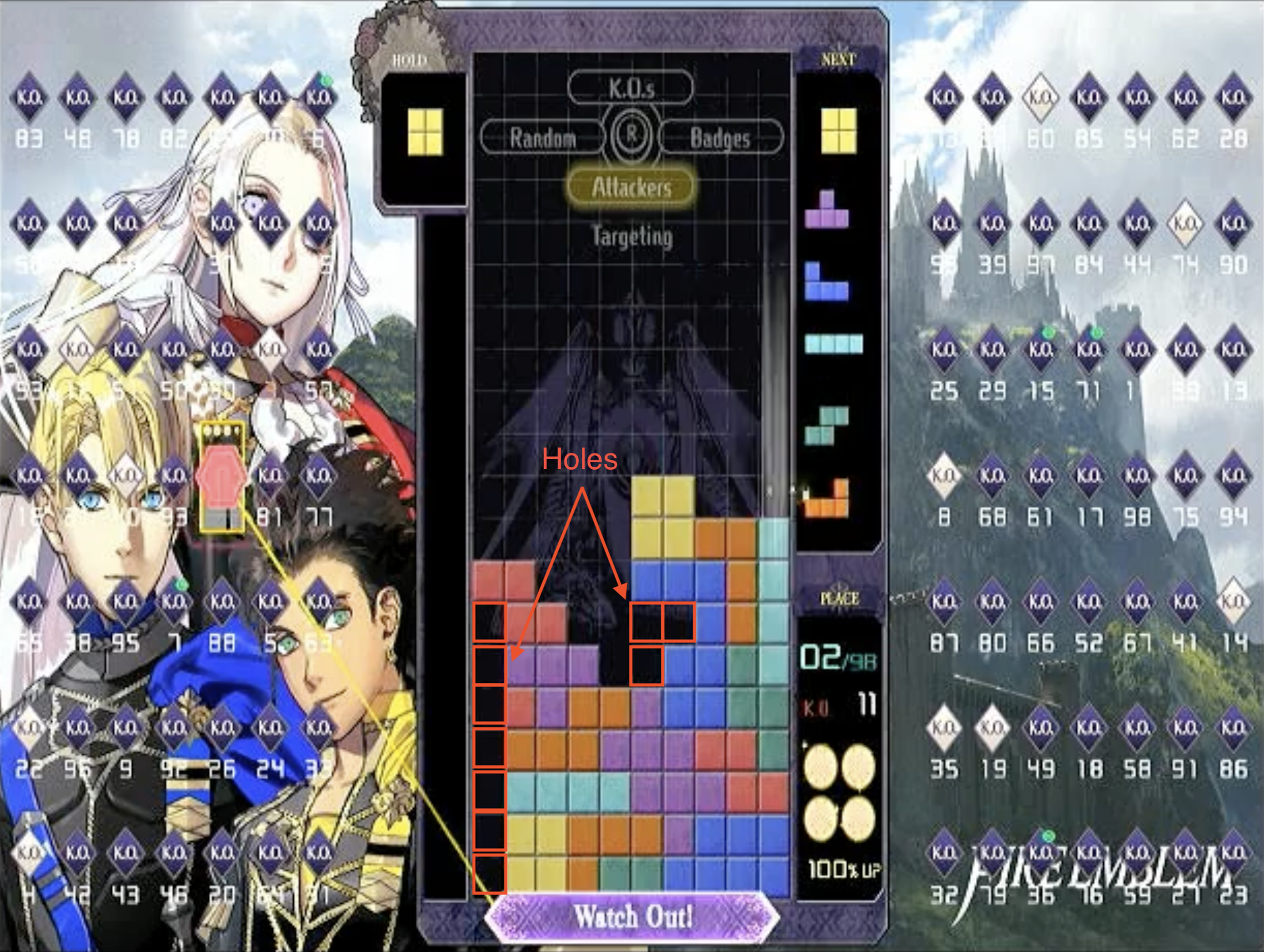 Tetris 99 screenshot with the empty gaps in the stack of blocks indicated as "holes"