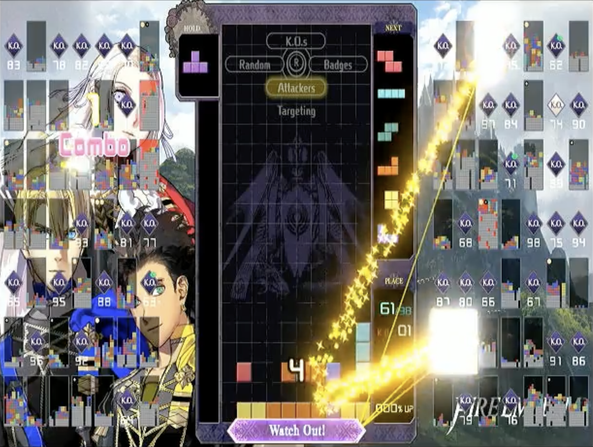 Sparkles fly across the screen in Tetris 99, obscuring the board and the queue